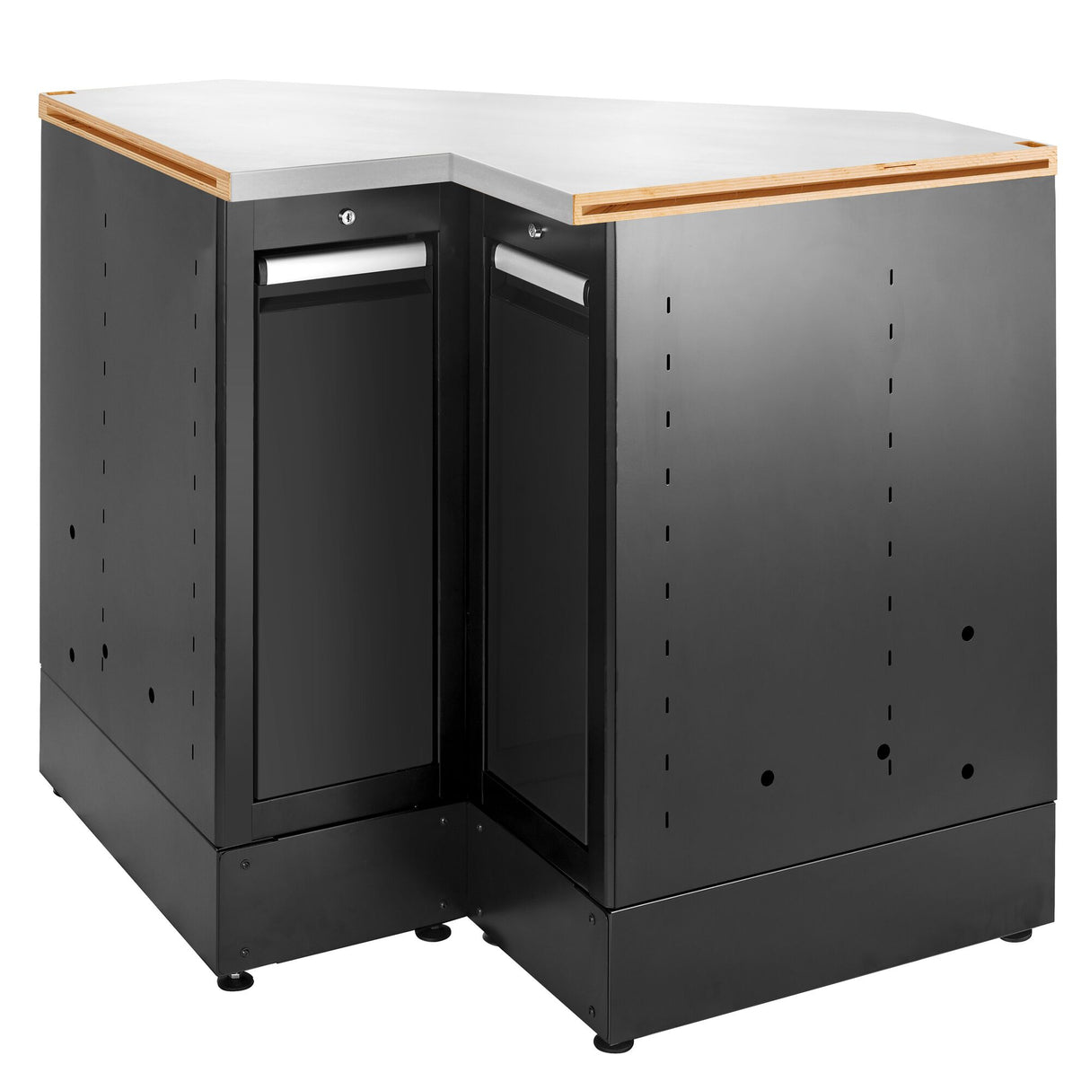 Meuble bas angle, 2 tiroirs verticaux, plateau inox, noir
