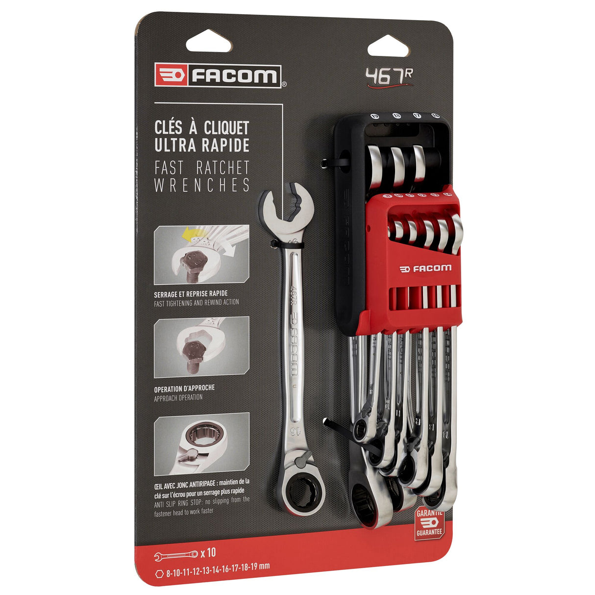 Jeu de clés mixtes à fourche à cliquet métriques, 10 pièces, de 8 à 19 mm