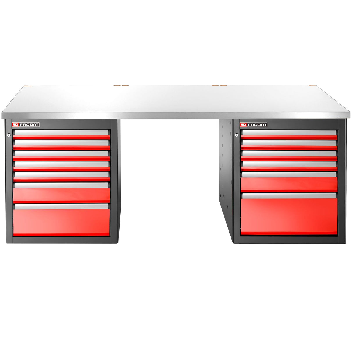 Établi 2,2 m, 13 tiroirs, 569 x 421 mm, plateau inox, version basse